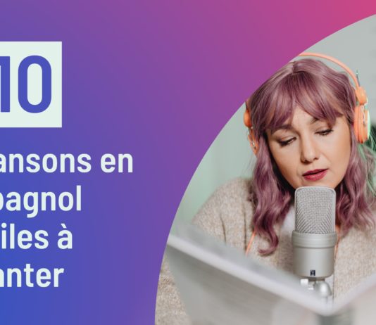 Top 10 des chansons en espagnol faciles à chanter. Fille avec un casque chantant avec un microphone.